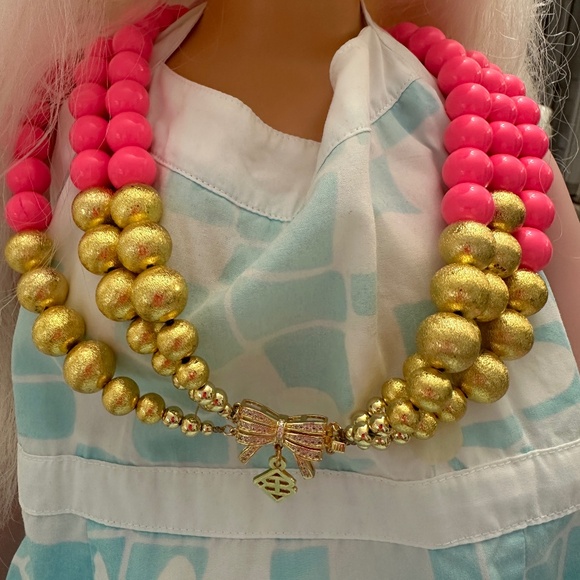 Bright Pink & Gold Beaded Necklace - Picture 4 of 7